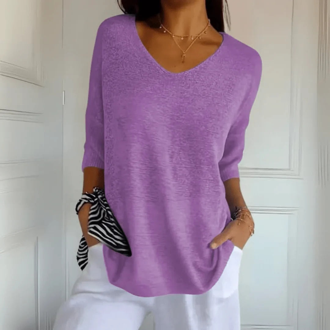 Women's relaxed-fit lightweight knit top with V-neck and 3/4-sleeves