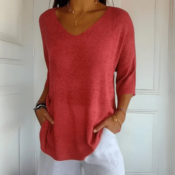 Women's relaxed-fit lightweight knit top with V-neck and 3/4-sleeves