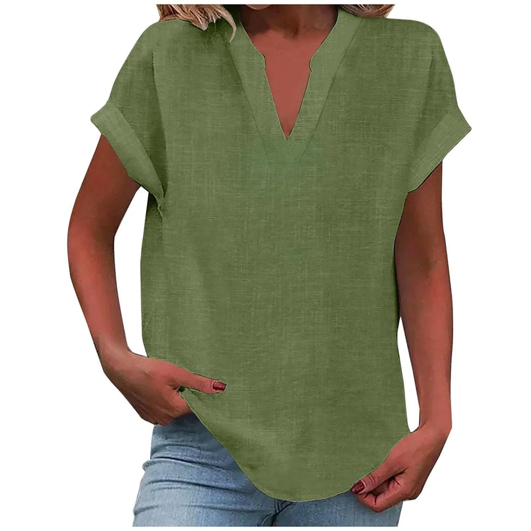 Women's relaxed linen-blend blouse with V-neck and cuffed short-sleeves