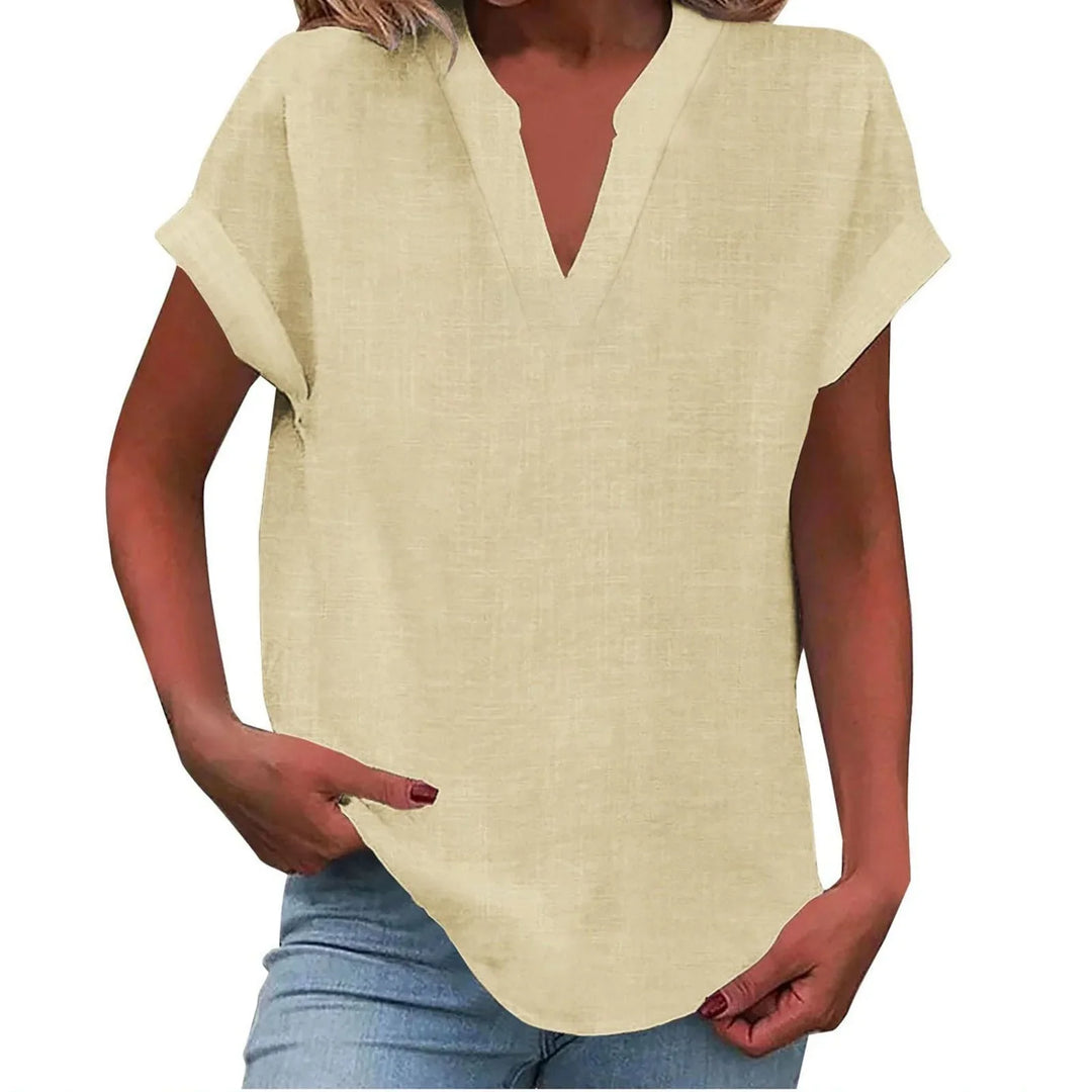 Women's relaxed linen-blend blouse with V-neck and cuffed short-sleeves