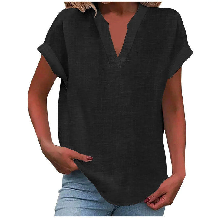 Women's relaxed linen-blend blouse with V-neck and cuffed short-sleeves