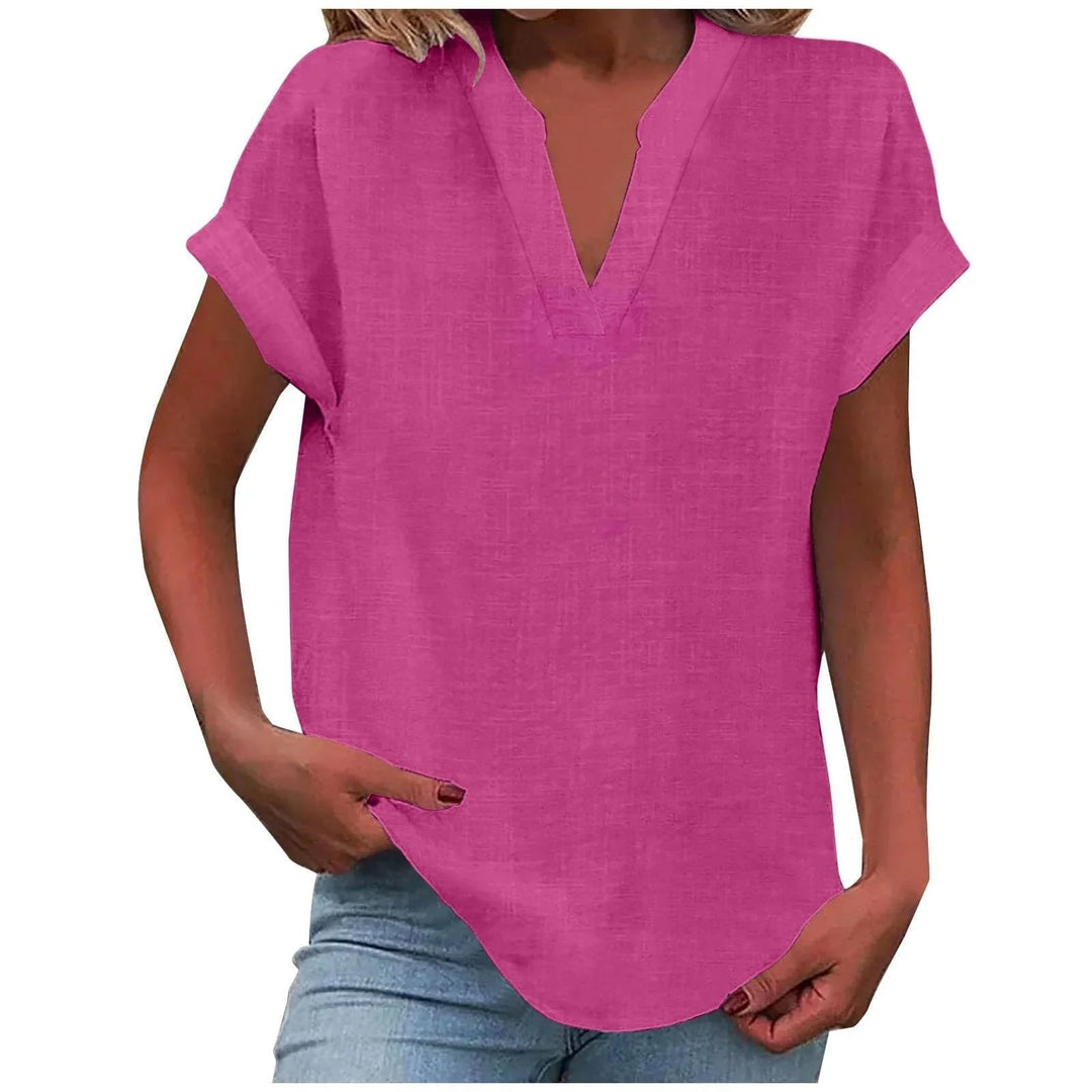 Women's relaxed linen-blend blouse with V-neck and cuffed short-sleeves