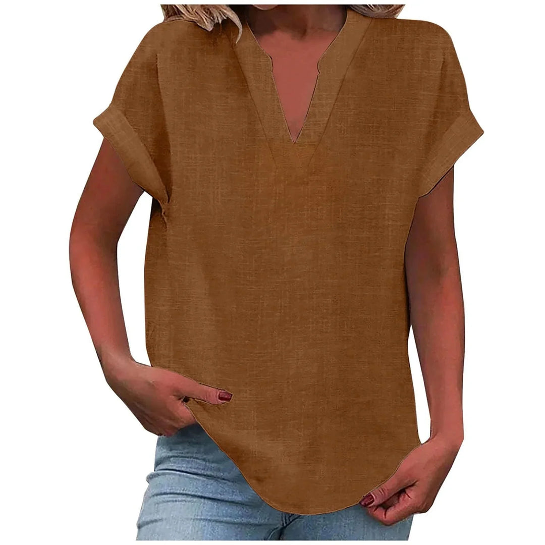 Women's relaxed linen-blend blouse with V-neck and cuffed short-sleeves