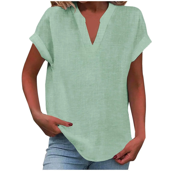 Women's relaxed linen-blend blouse with V-neck and cuffed short-sleeves