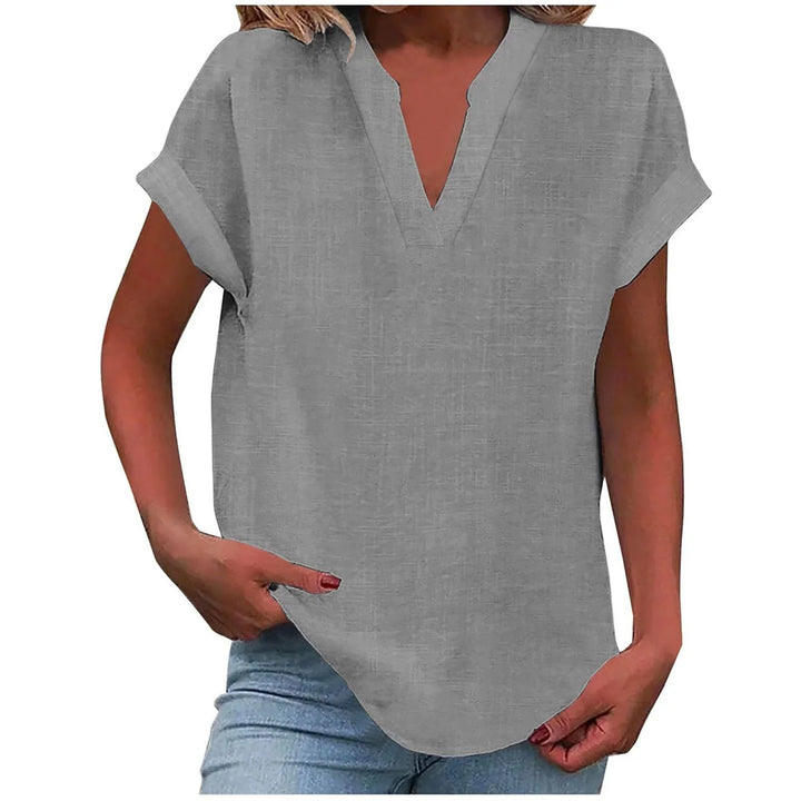 Women's relaxed linen-blend blouse with V-neck and cuffed short-sleeves