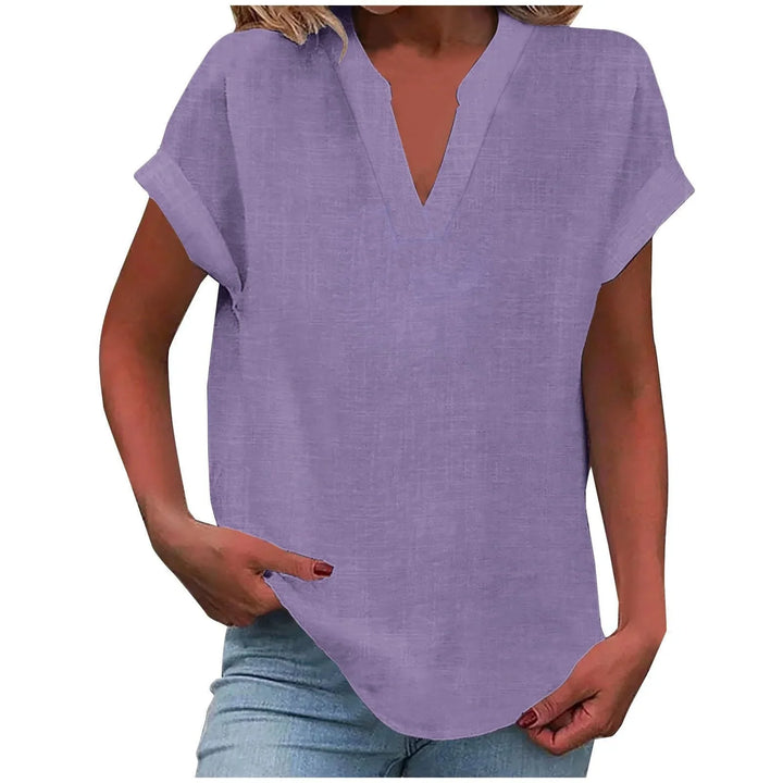 Women's relaxed linen-blend blouse with V-neck and cuffed short-sleeves
