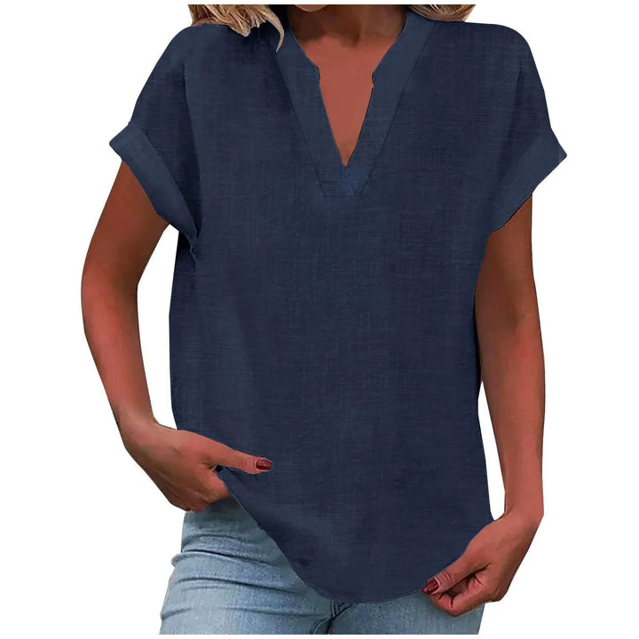 Women's relaxed linen-blend blouse with V-neck and cuffed short-sleeves
