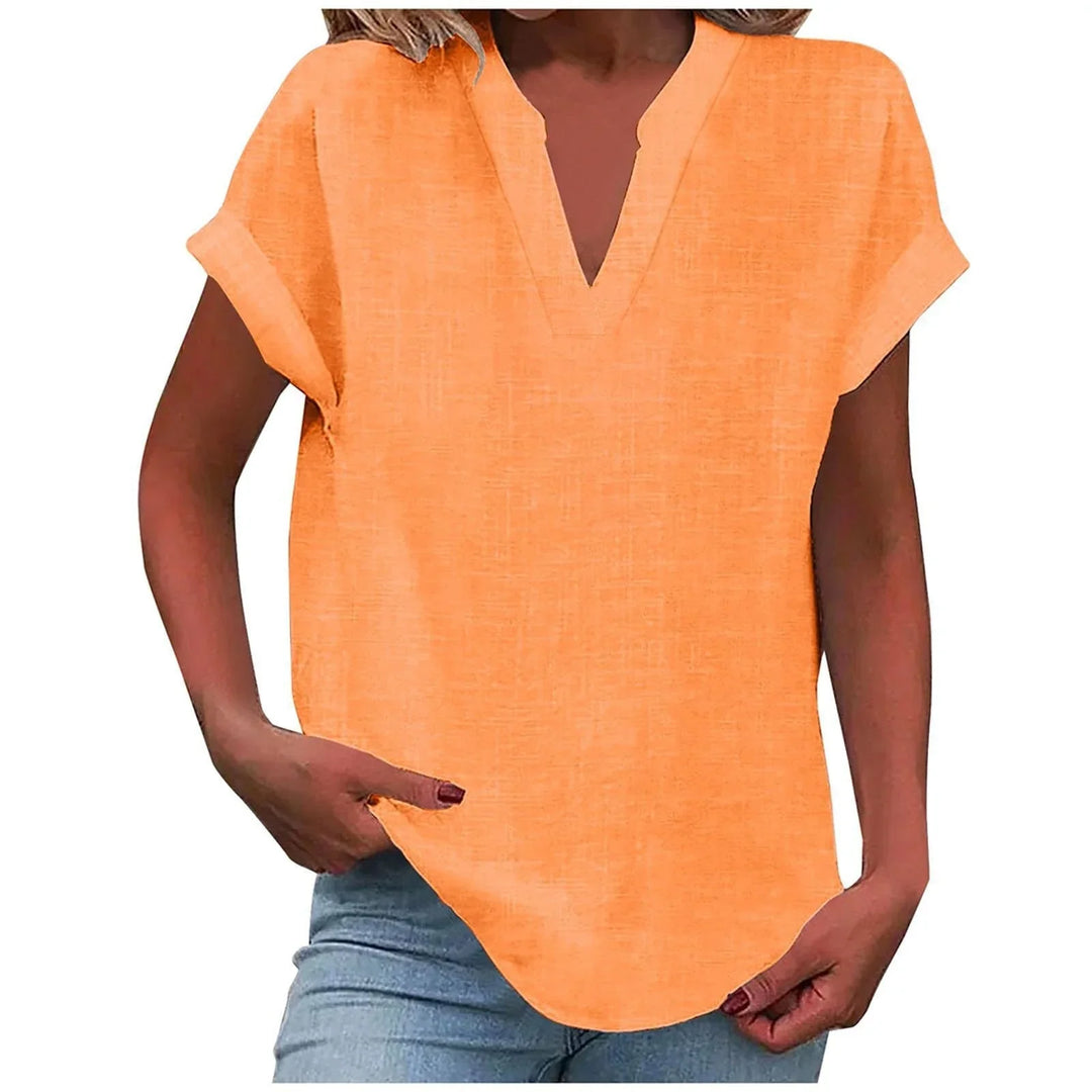 Women's relaxed linen-blend blouse with V-neck and cuffed short-sleeves