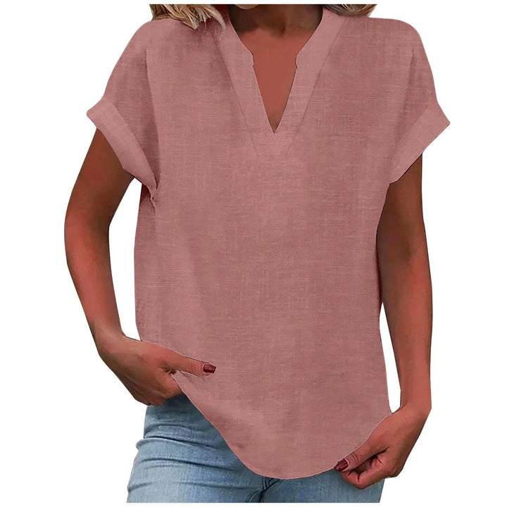 Women's relaxed linen-blend blouse with V-neck and cuffed short-sleeves