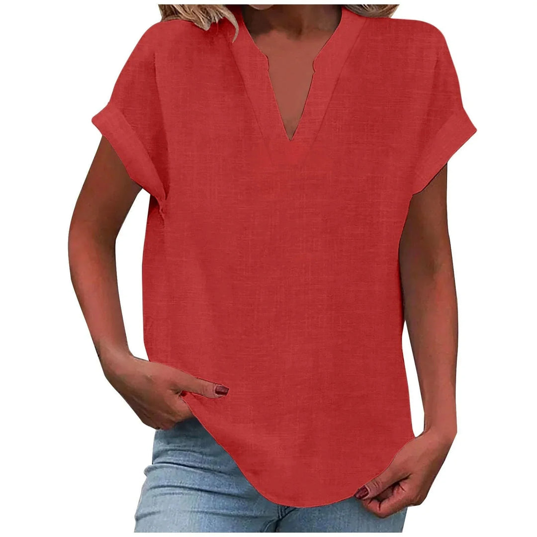 Women's relaxed linen-blend blouse with V-neck and cuffed short-sleeves