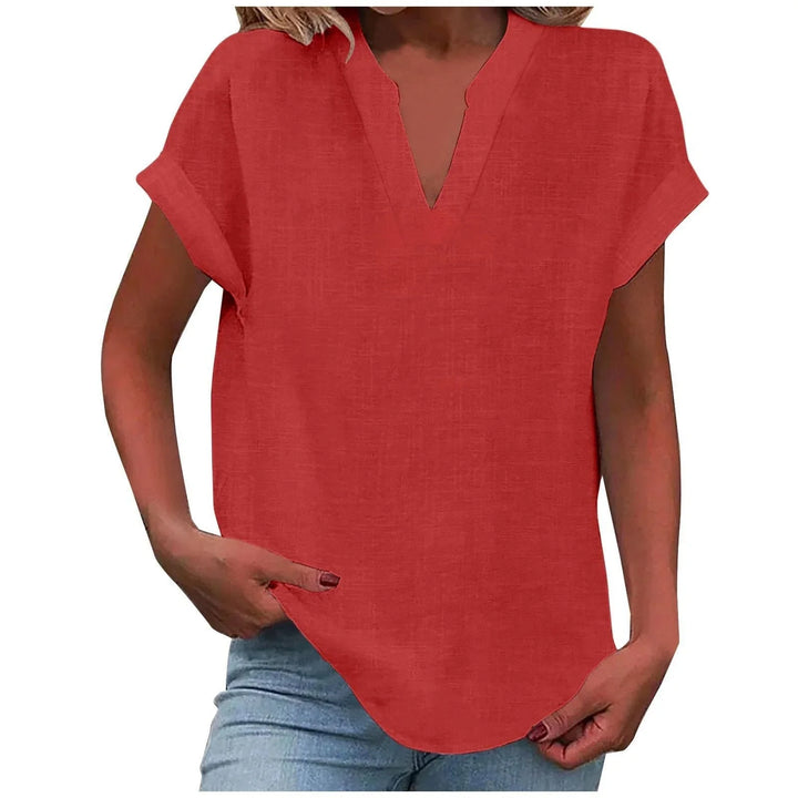 Women's relaxed linen-blend blouse with V-neck and cuffed short-sleeves