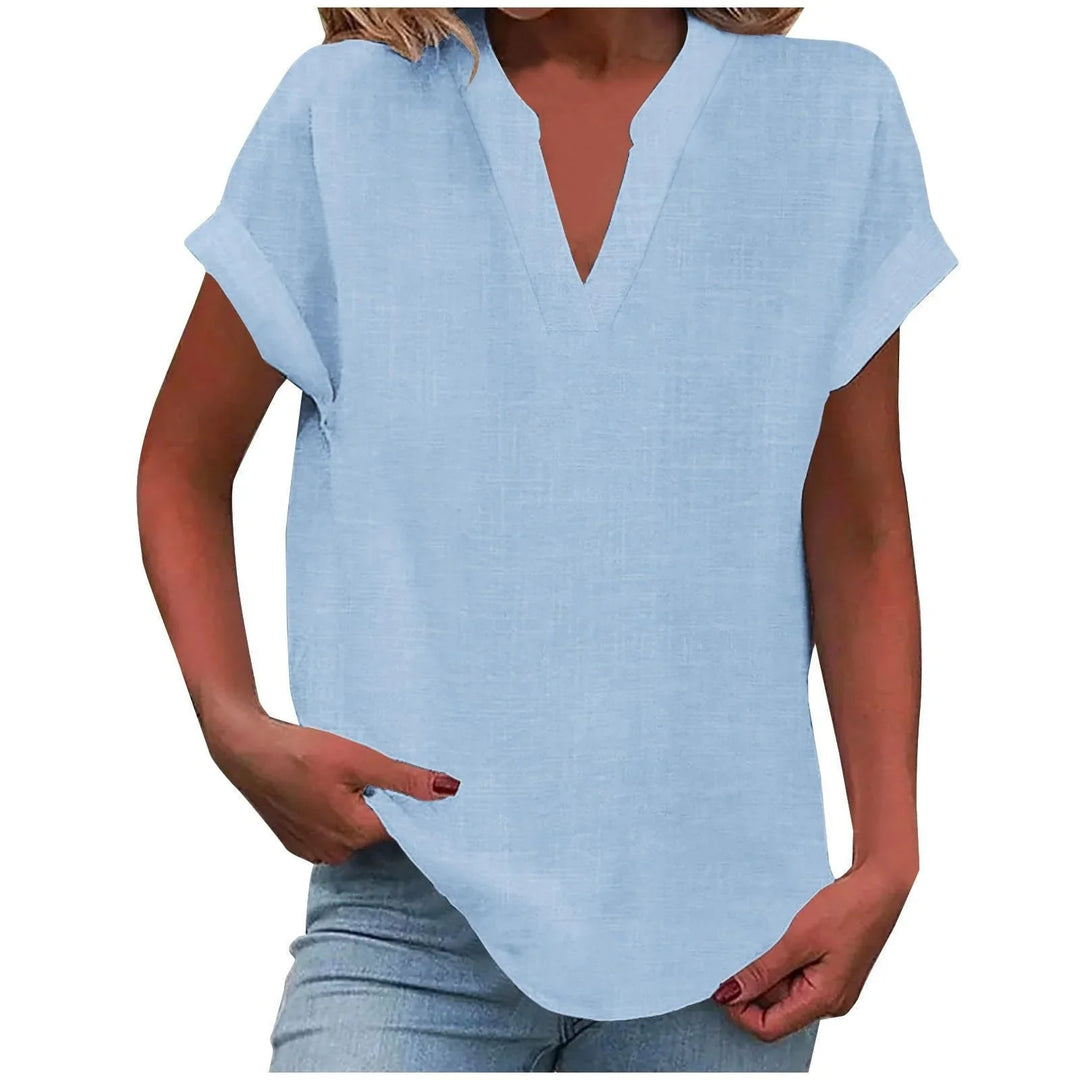 Women's relaxed linen-blend blouse with V-neck and cuffed short-sleeves