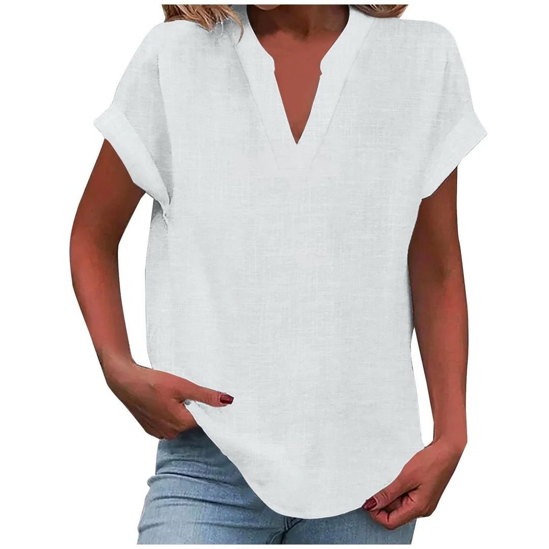 Women's relaxed linen-blend blouse with V-neck and cuffed short-sleeves