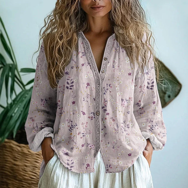 Women's relaxed nature print long sleeve blouse with V-neck design