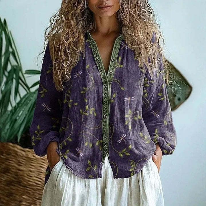 Women's relaxed nature print long sleeve blouse with V-neck design
