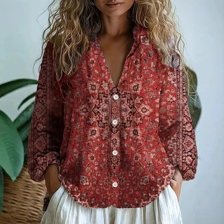 Women's relaxed nature print long sleeve blouse with V-neck design