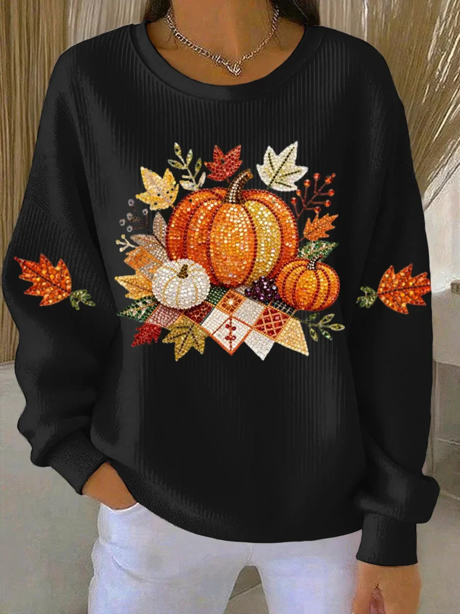 Women's ribbed knit fall graphic long-sleeve tee shirt with crew neck