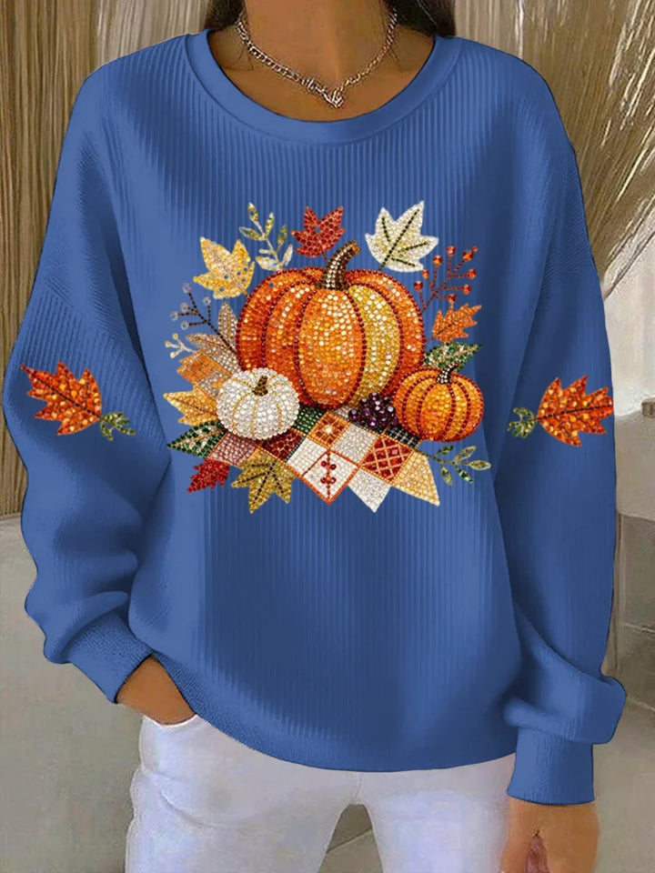 Women's ribbed knit fall graphic long-sleeve tee shirt with crew neck