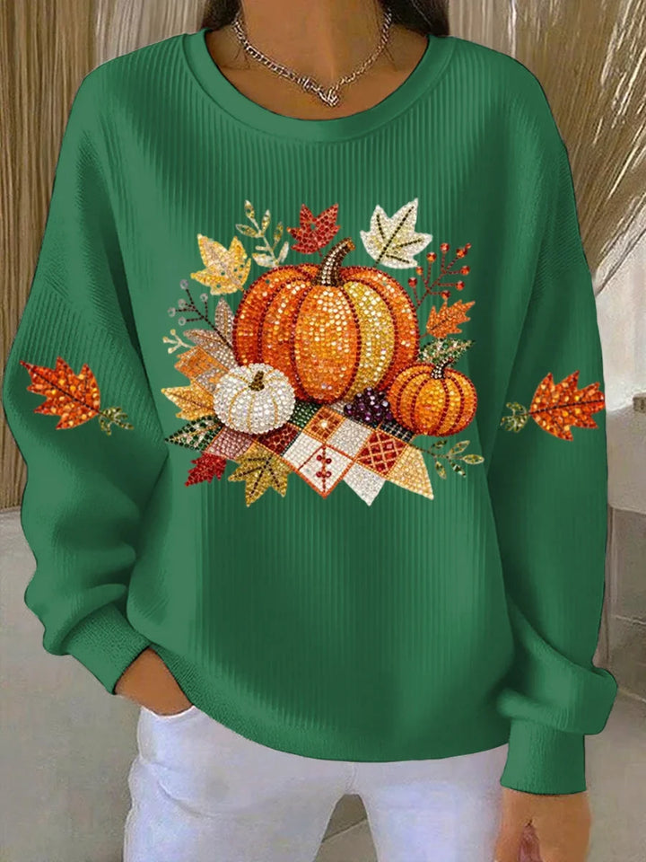 Women's ribbed knit fall graphic long-sleeve tee shirt with crew neck
