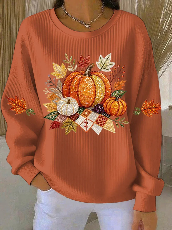 Women's ribbed knit fall graphic long-sleeve tee shirt with crew neck