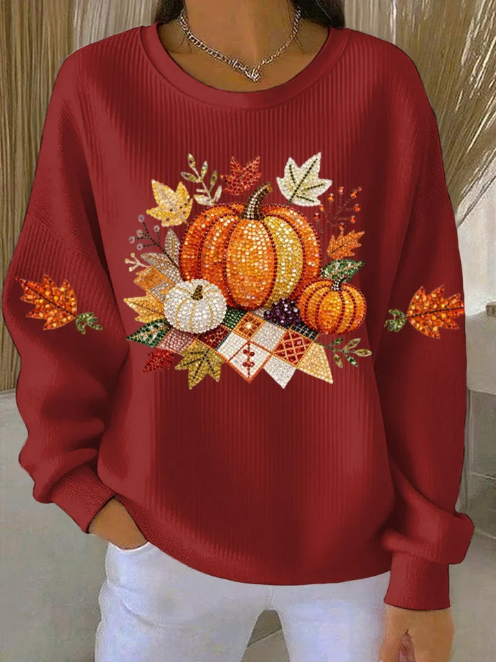 Women's ribbed knit fall graphic long-sleeve tee shirt with crew neck