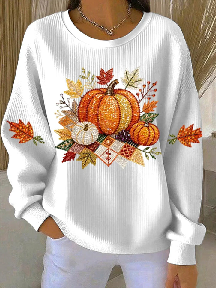 Women's ribbed knit fall graphic long-sleeve tee shirt with crew neck
