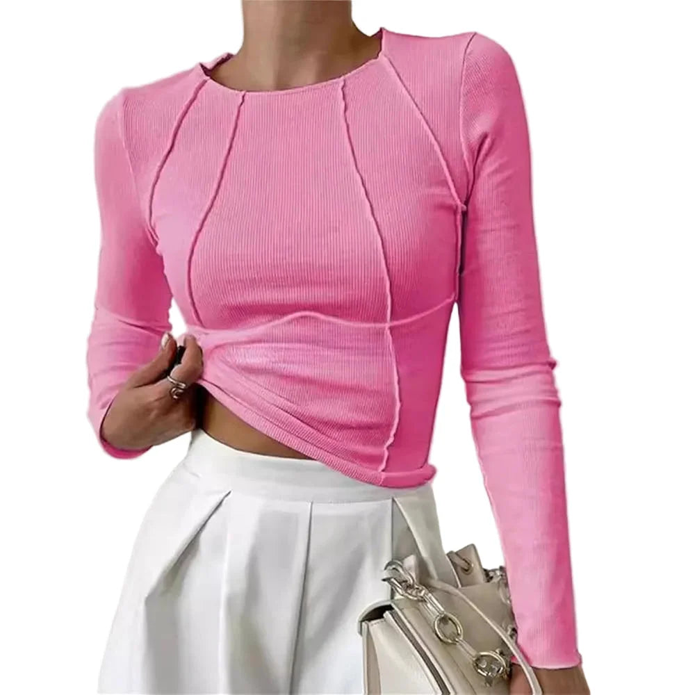 Women's ribbed knit long sleeve cropped top with sculpted seams