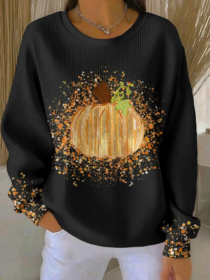Women's ribbed knit pumpkin art long sleeve tee shirt with crewneck