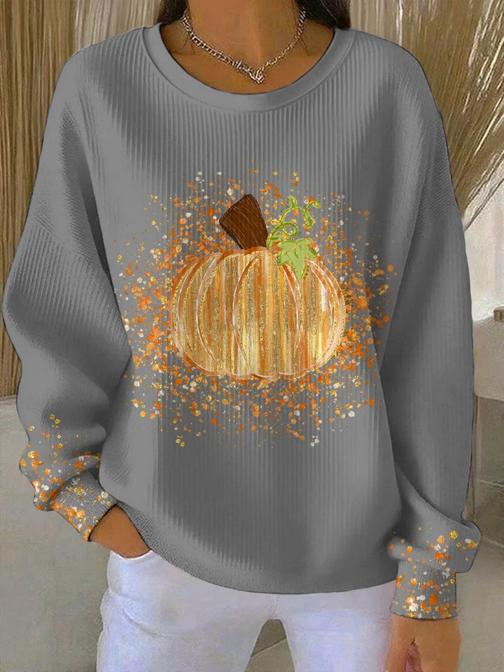 Women's ribbed knit pumpkin art long sleeve tee shirt with crewneck