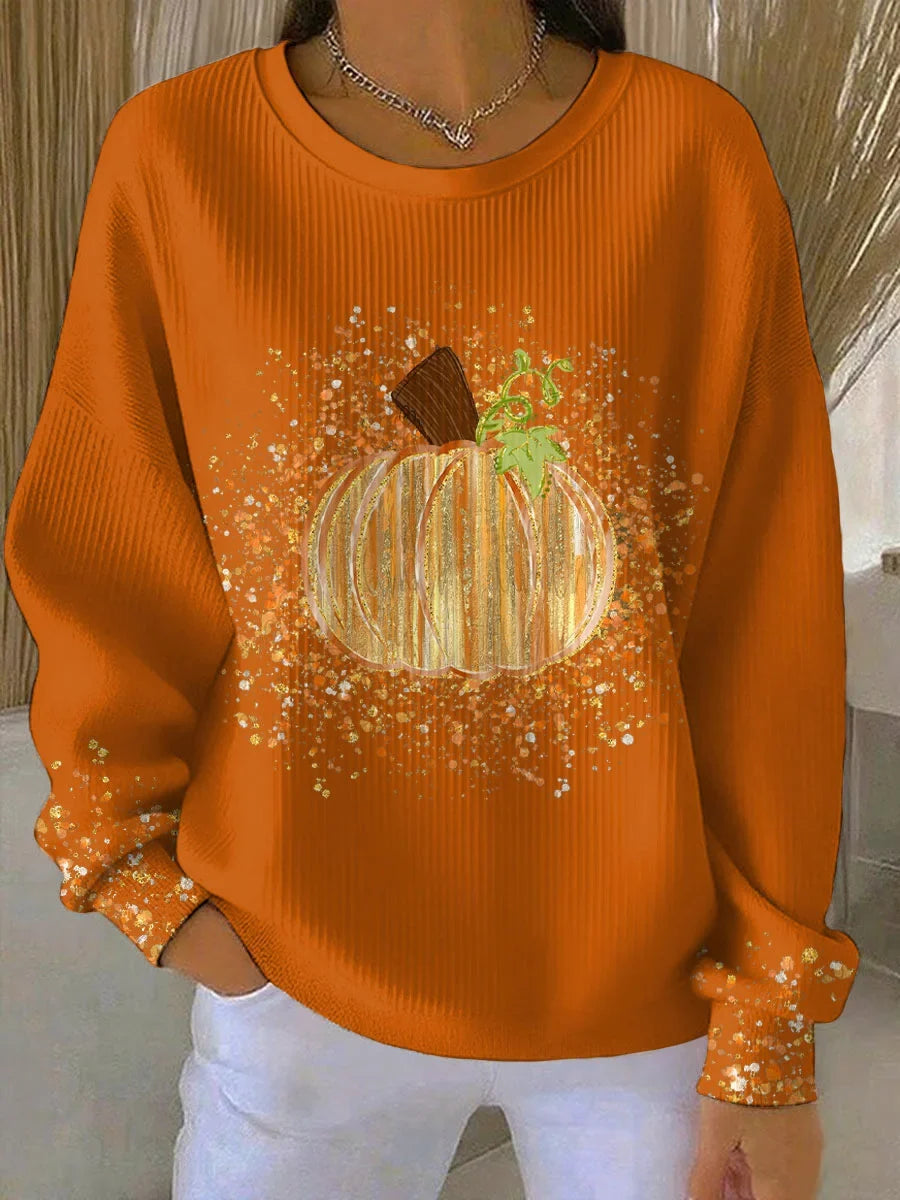 Women's ribbed knit pumpkin art long sleeve tee shirt with crewneck