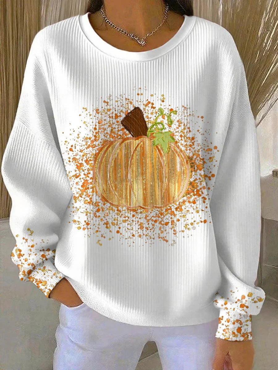Women's ribbed knit pumpkin art long sleeve tee shirt with crewneck
