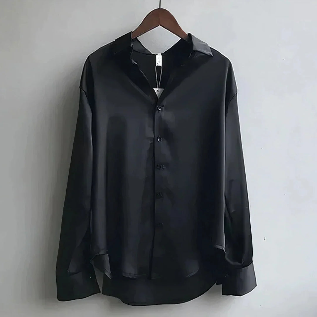 Women's satin blouse with long-sleeve button-down collar