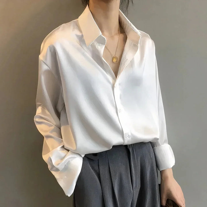 Women's satin blouse with long-sleeve button-down collar
