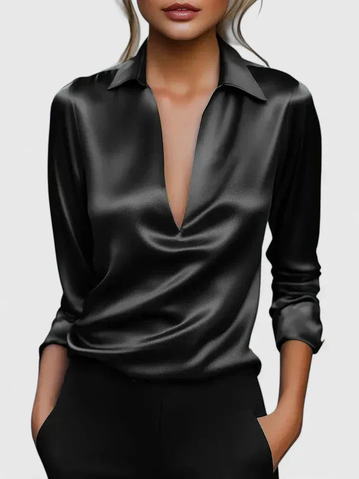 Women's satin collared long-sleeve blouse with deep V-neck