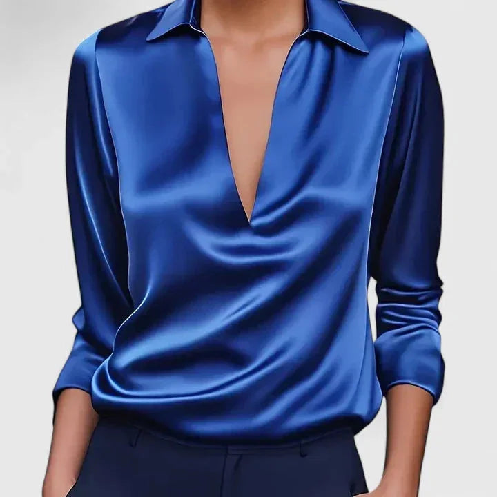 Women's satin collared long-sleeve blouse with deep V-neck