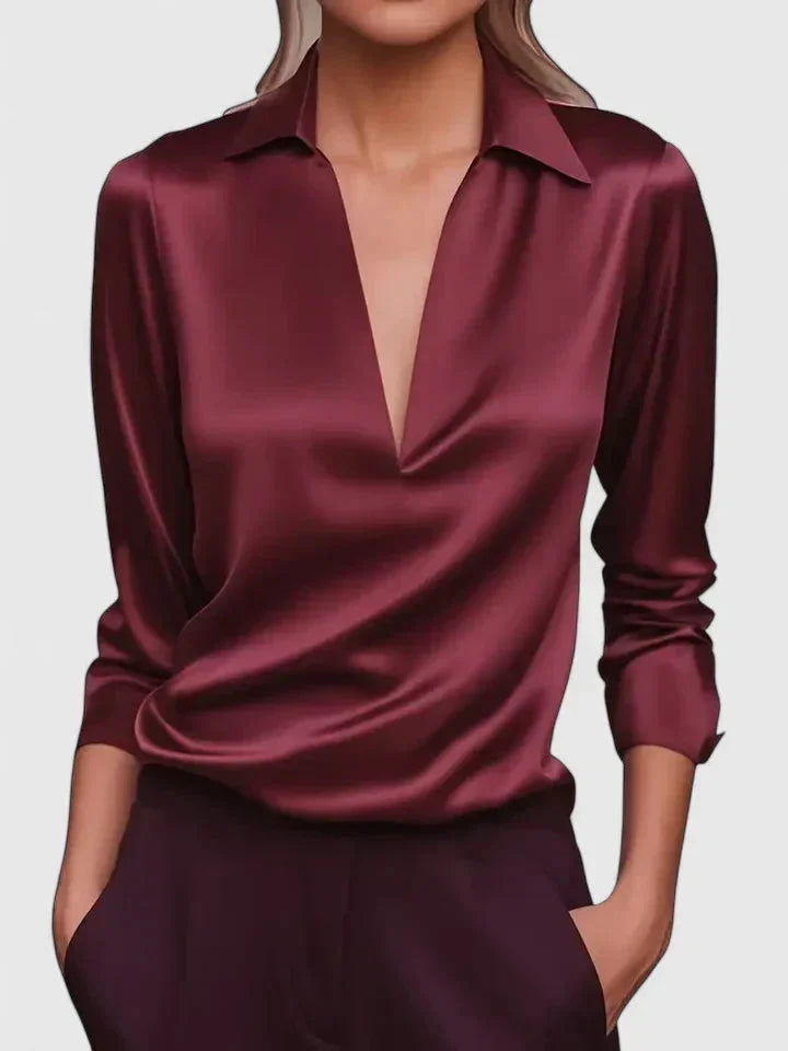 Women's satin collared long-sleeve blouse with deep V-neck