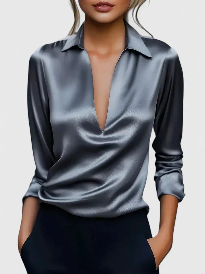 Women's satin collared long-sleeve blouse with deep V-neck