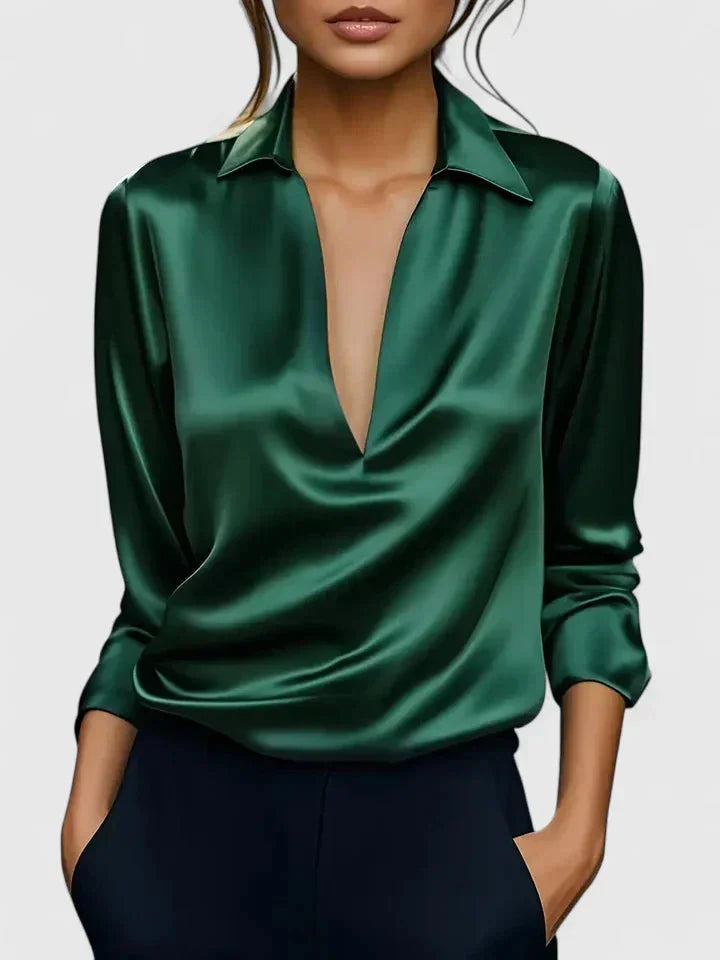 Women's satin collared long-sleeve blouse with deep V-neck