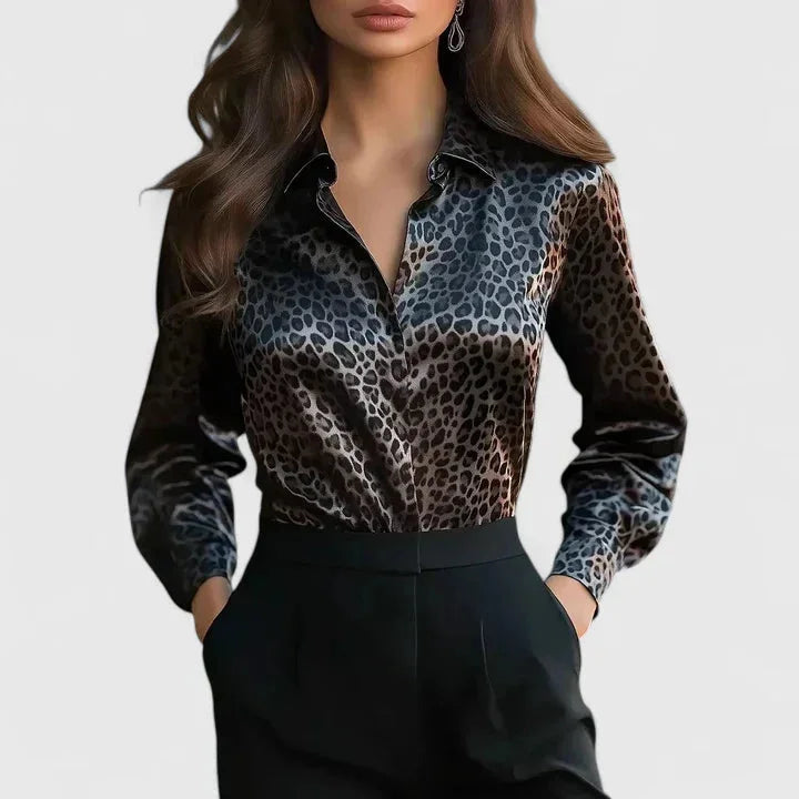 Women's satin leopard print long sleeve collared blouse with button-front design