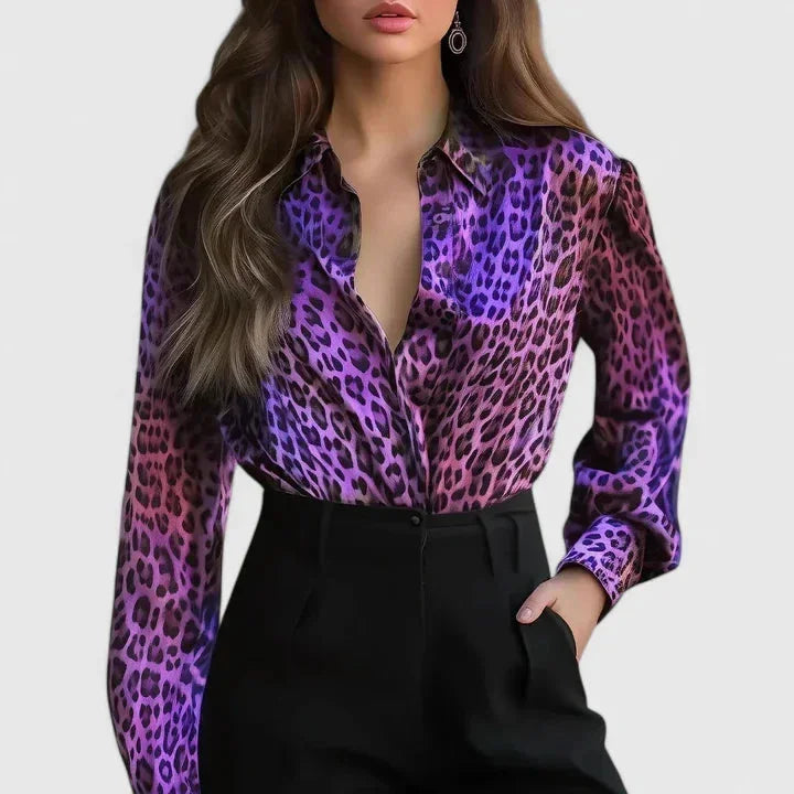 Women's satin leopard print long sleeve collared blouse with button-front design