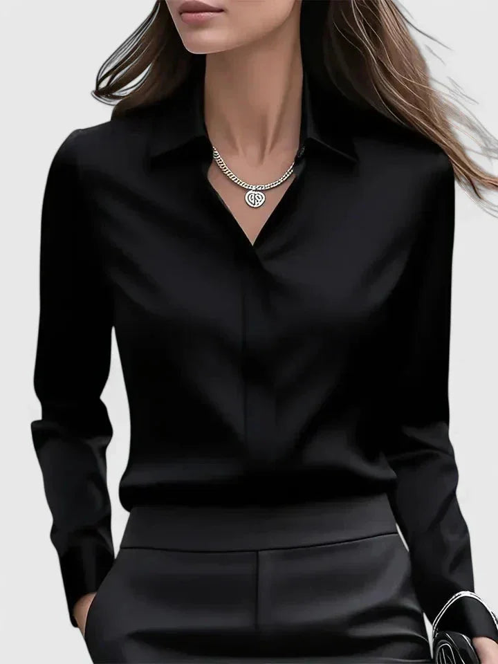 Women's satin long-sleeve blouse with collared concealed placket