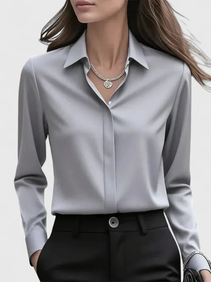 Women's satin long-sleeve blouse with collared concealed placket