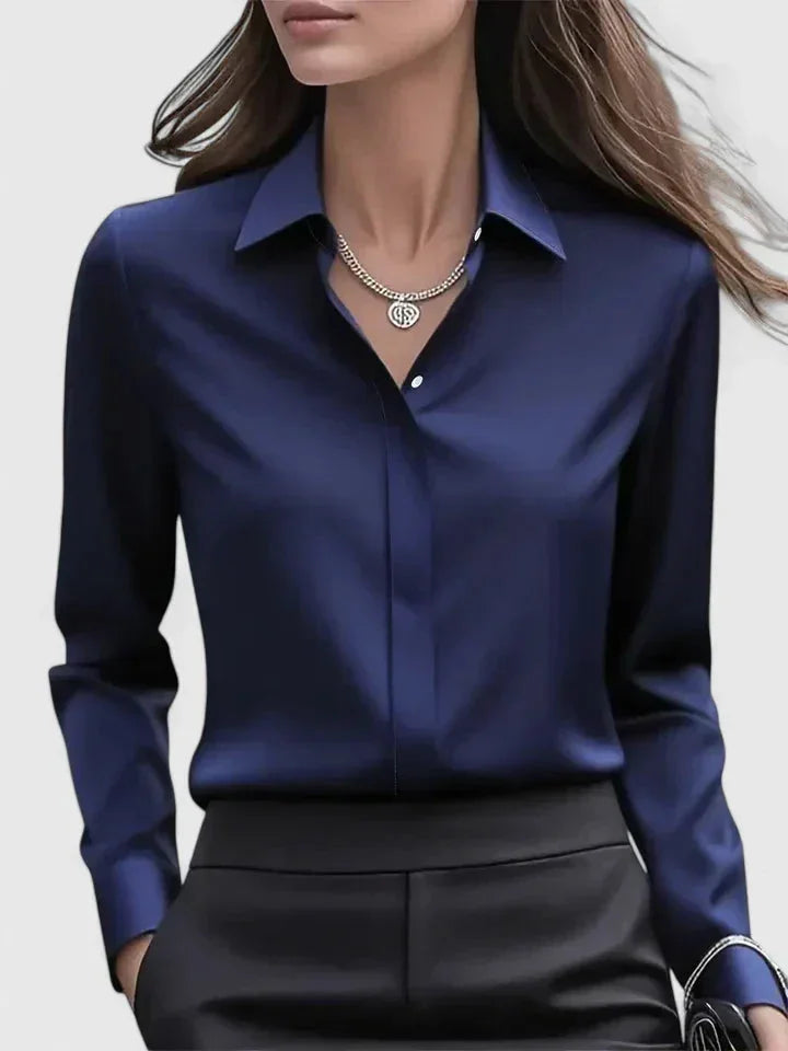 Women's satin long-sleeve blouse with collared concealed placket