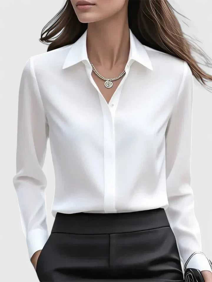 Women's satin long-sleeve blouse with collared concealed placket