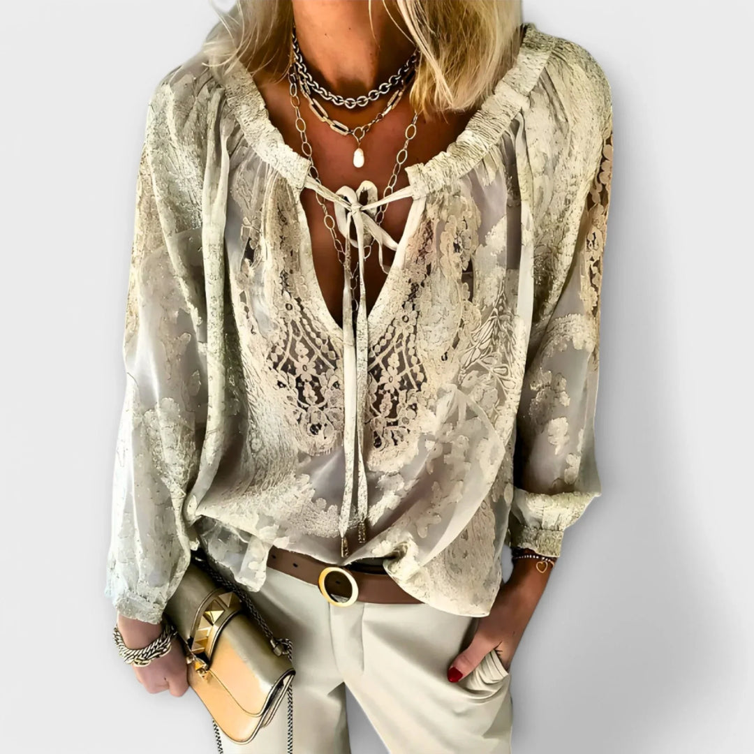 Women's sheer lace boho long sleeve blouse with tie-front V-neck