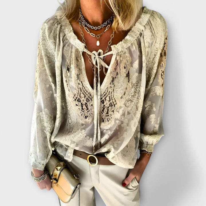 Women's sheer lace boho long sleeve blouse with tie-front V-neck