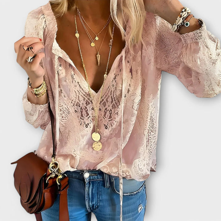 Women's sheer lace boho long sleeve blouse with tie-front V-neck