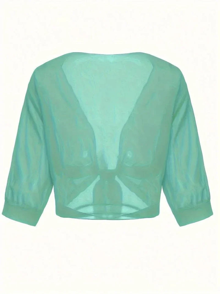 Women's sheer tie-front blouse with 3/4 sleeve and open front