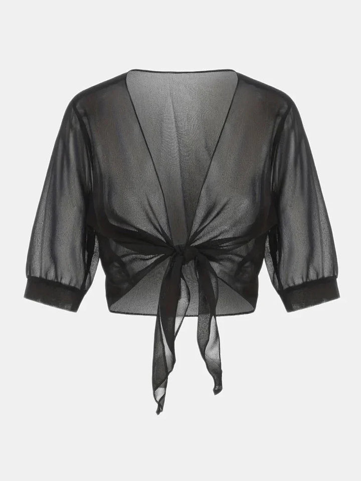 Women's sheer tie-front blouse with 3/4 sleeve and open front