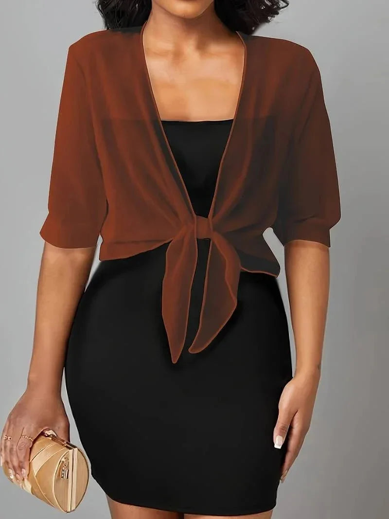Women's sheer tie-front blouse with 3/4 sleeve and open front